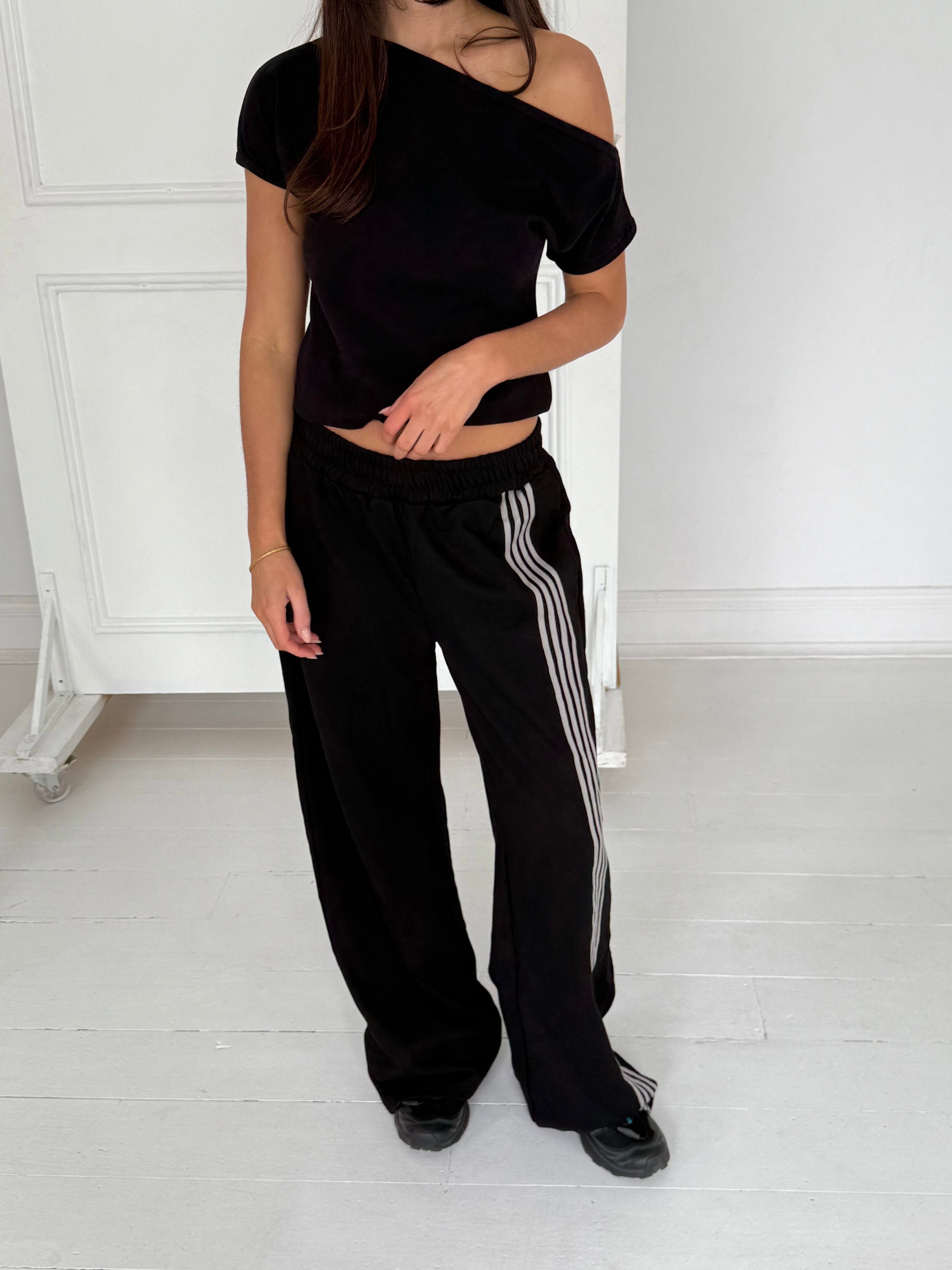 Asymmetric Stripe Track Pant - Black